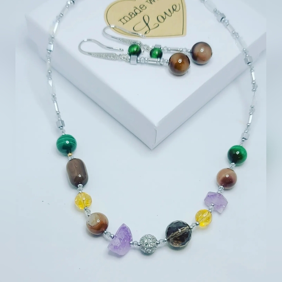 Mixed Natural Crystals , Zirconia charm necklace and earrings set - Picture 3 of 4